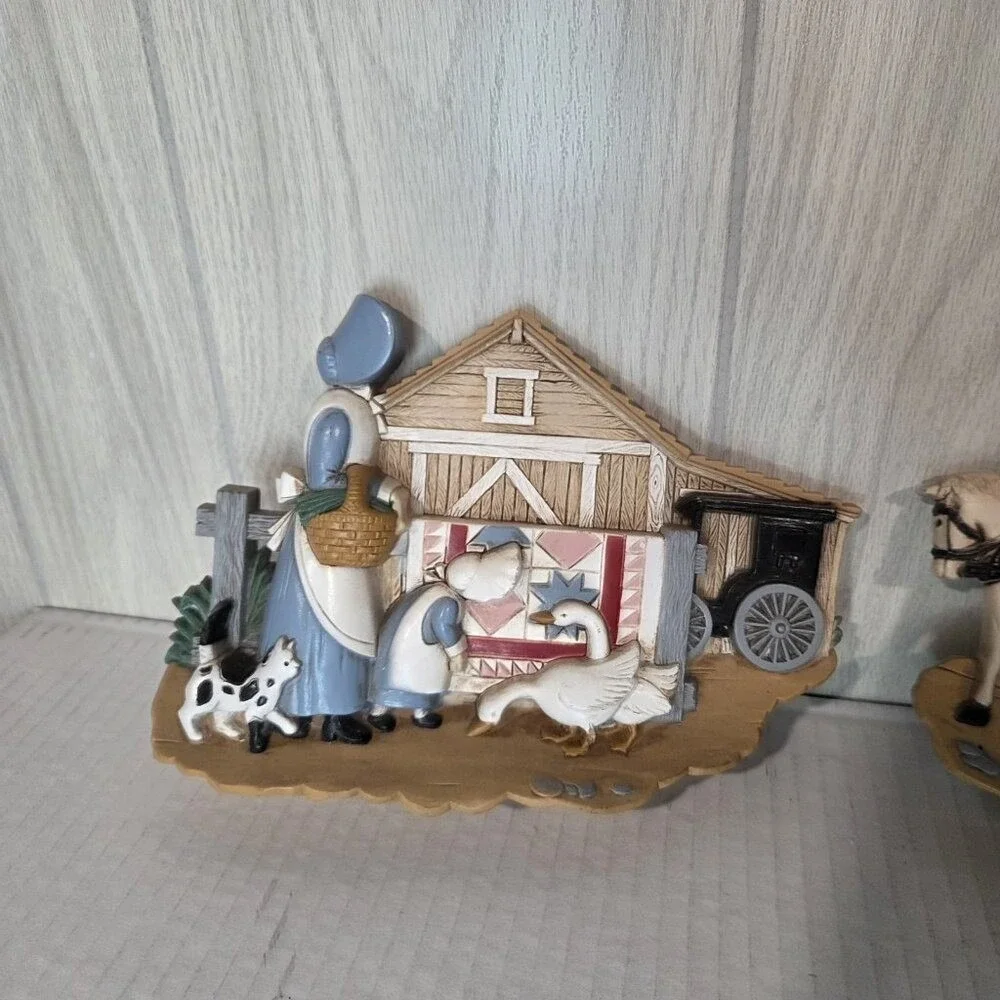 Vintage 1980s Burwood Amish Quilt & Barn Wall Decor Plaques Dog Cat Buggy Horse